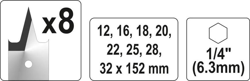 Набор перьевых сверл по дереву с шестигранным хвостовиком 1/4" YATO 12-32 мм 152 мм 8 шт. YT-3259 фото