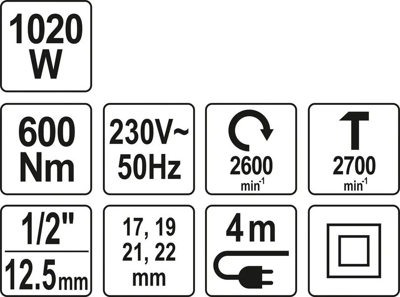 Гайковерт ударный YATO 1/2" 1020 ВТ 600 НМ 2600 об/мин + 4 головки и кейс YT-82021 фото