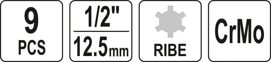 Набор ударных отверточных насадок RIBE YATO 1/2" RM5-RM14 CRMO 9 шт. + кейс YT-10681 фото