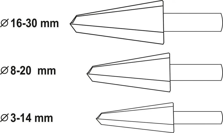 Сверла конусные по металлу и ПВХ YATO 3-14 мм 8-20 мм 16-30 мм HSS 4241 3 шт. YT-44730 фото