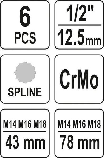 Набір ударних насадок для викруток SPLINE YATO 1/2" M14, M16, M18 43/78 мм CRMO 6 шт. YT-10652 фото