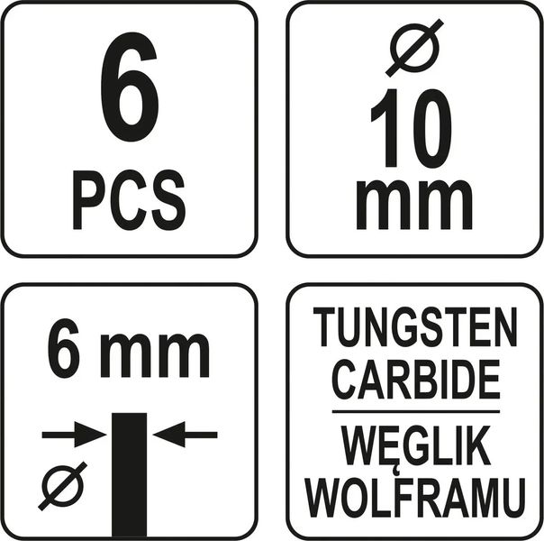 Фрези різної форми з карбіду вольфрама YATO, Ø= 10 мм, зі шпинделем Ø= 6 мм, 6шт. YT-61729 фото