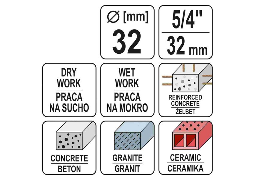 Свердло корончате по каменю та бетону з алмазним напиленням YATO 32 X 430 мм М32 YT-60371 фото