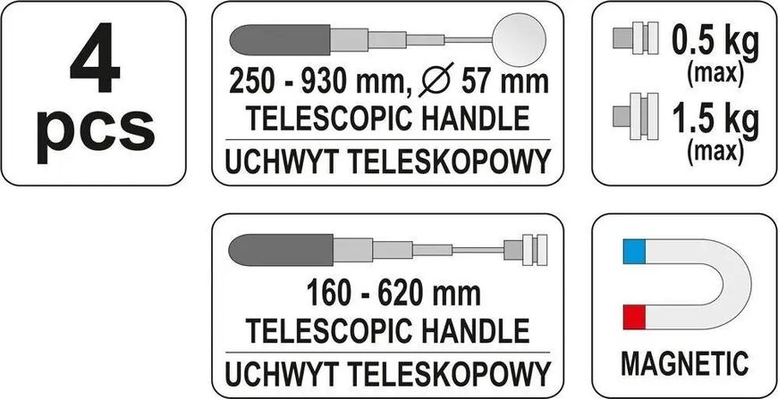 Тримач магнітний + дзеркало телескопічні для огляду YATO, набір 2 шт. [10/40] YT-0662 фото