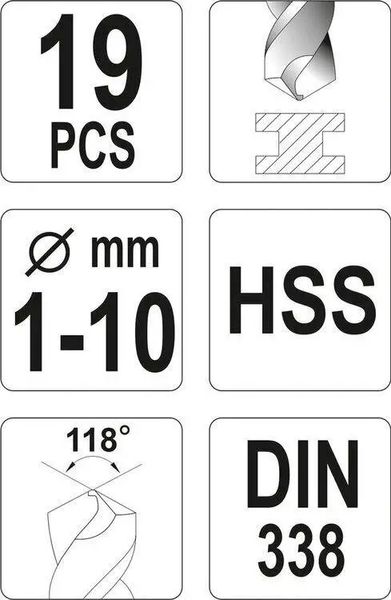 Набор сверл по металлу YATO HSS 1-10 мм 19 шт. YT-4462 фото