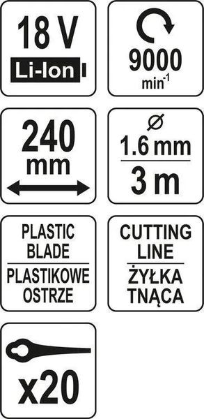 Тример акумуляторний (без акум.) YATO: LI-ION 18В, ширина покосу 24 см, жилка Ø=1.6мм І пласт.ножі YT-85015 фото