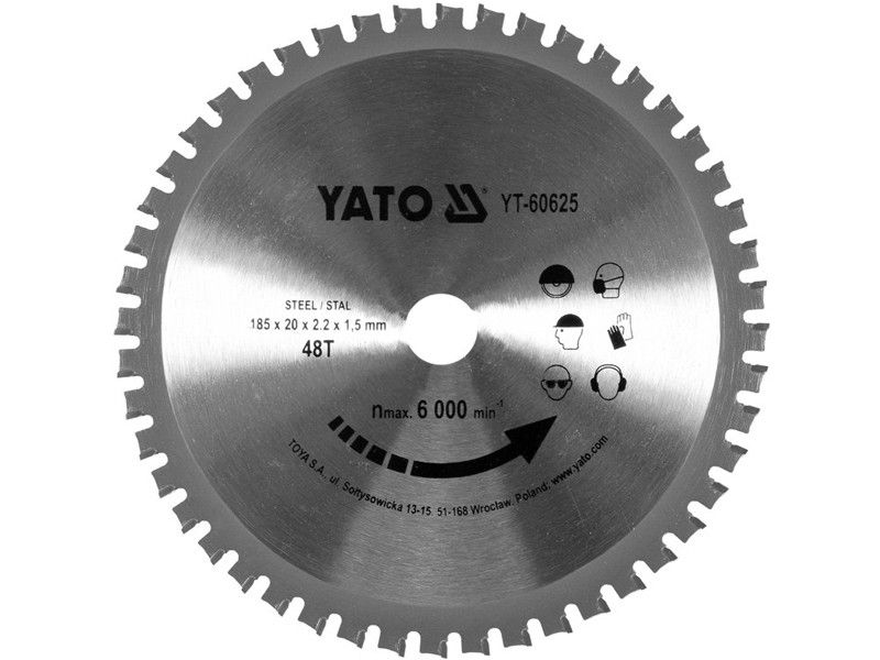 Диск пиляльний по металу YATO: Ø= 185X2.2X20 мм, 48 зубців, R.P.M ДО 6000 об./хв YT-60625 фото