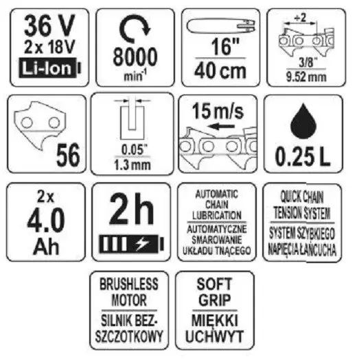 Акумуляторна безщіткова ланцюгова пилка YATO YT-828131 фото