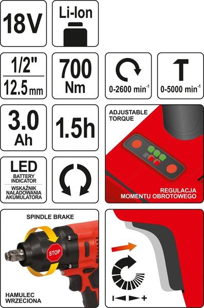 Гайковерт ударный аккумуляторный бесщеточный YATO LI-ION 18 В 3 Ач 700 Нм 1/2" + кейс YT-82806 фото